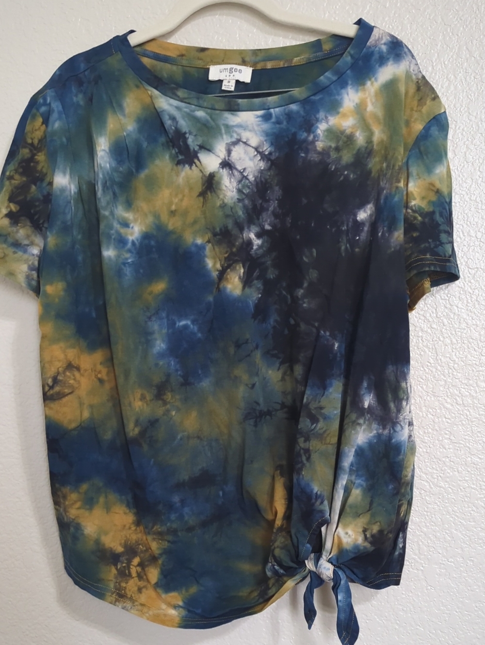 Umgee Blue, Yellow & Black Tie-Dye Short Sleeve Knot Front Top